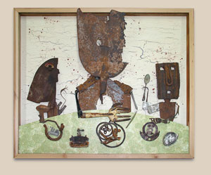 Assemblage artwork of scrap metal pieces.